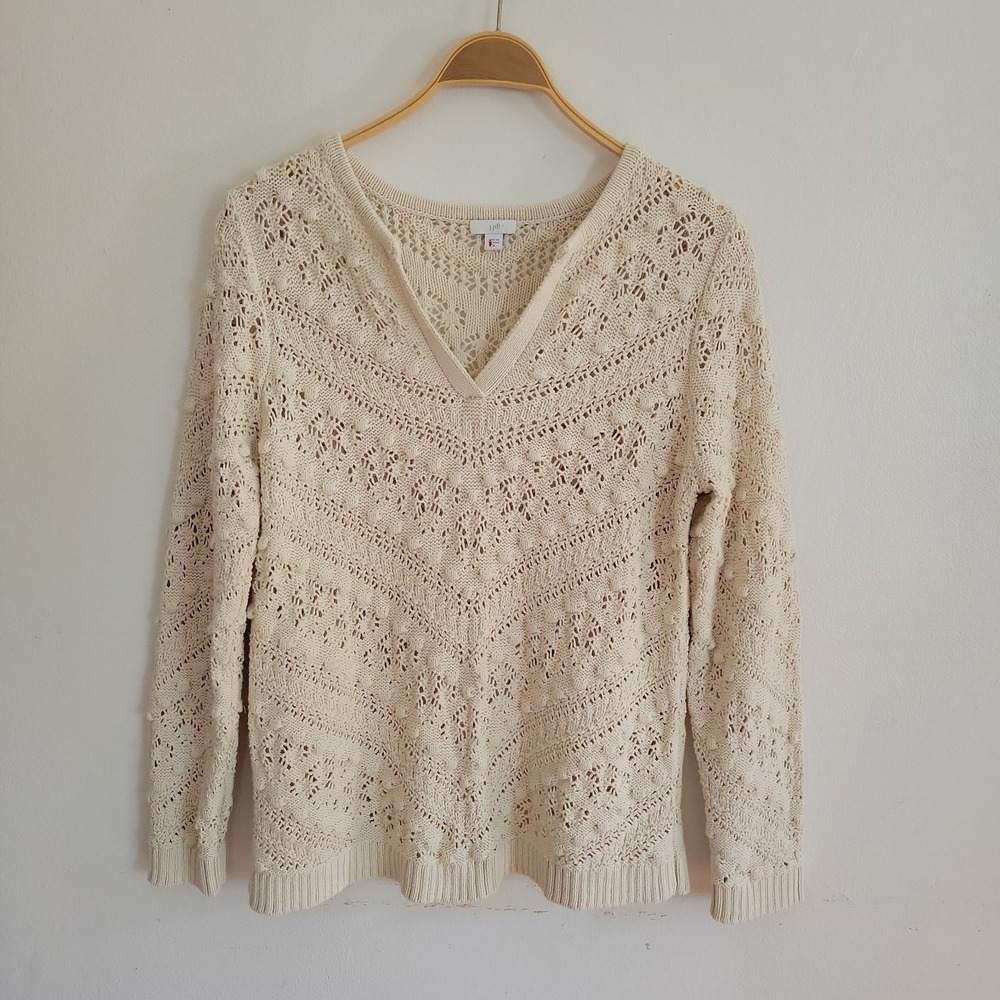 J Jill Open Work Popcorn Knit Sweater Medium Cream V Neck Boho Chic Cottagecore
